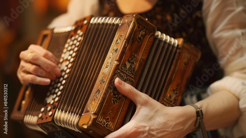 Close-up hands of the musician playing concertina or accordion.