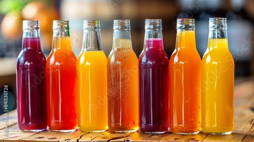 Colorful fruit juices in glass bottles, displayed on wooden table.