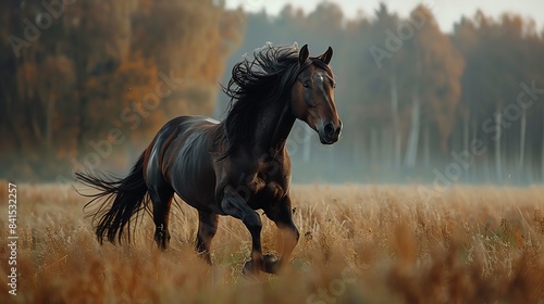 Majestic horse galloping through a field, detailed mane and powerful stride, strong and free