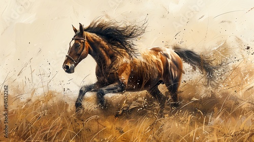 Majestic horse galloping through a field, detailed mane and powerful stride, strong and free