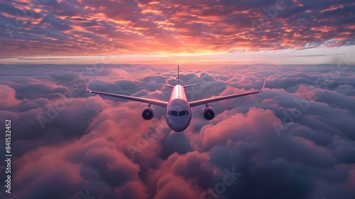 Dramatic commercial airplane soaring above vibrant sunset clouds with serene beauty