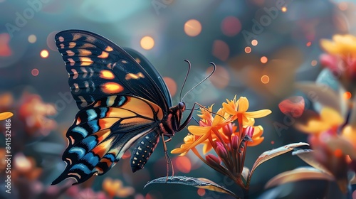 Realistic butterfly resting on a flower, vibrant colors and intricate wing patterns, delicate and beautiful