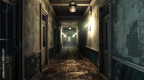 Spacious empty corridor with dim lighting, creating a hauntingly atmospheric scene