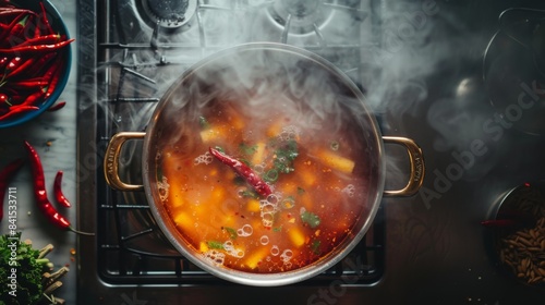 A top-down view of a pot of tom yum soup bubbling over a stove, with tendrils of fragrant steam rising and chili peppers floating on the surface