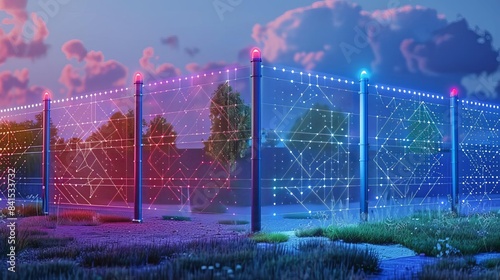 A smart fence with realtime alerts for breaches, Secure, Bright colors, Illustration, Advanced perimeter security