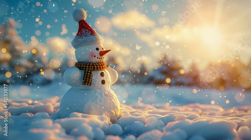 Snowman in the cold winter snowflakes