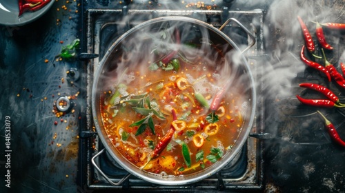 A top-down view of a pot of tom yum soup bubbling over a stove, with tendrils of fragrant steam rising and chili peppers floating on the surface