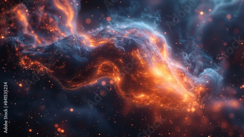A stunning, abstract depiction of a cosmic nebula, featuring vibrant orange and blue colors, digital artwork mesmerizing and ethereal atmosphere, use in meditation, relaxation,healing sound.