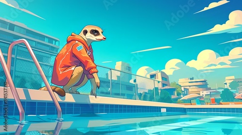 A meerkat in a lifeguards outfit is watching over a pool. Amazing animal illustration