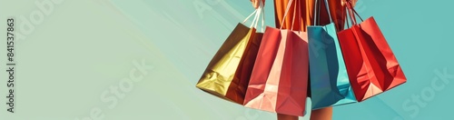 A woman enjoys shopping, surrounded by colorful bags on a blue background, representing a trendy and consumerist lifestyle with keywords like fashion, retail, consumerism, and trendy lifestyle