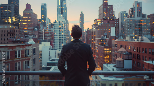 a businessman standing with his back to the camera, gazing out over a sprawling city skyline