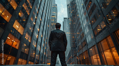 a businessman standing with his back to the camera, gazing out over a sprawling city skyline