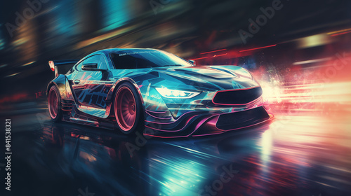 a modern high speed car rushes down the street of a night city, engulfed in flames or plasma, street lights, road, blurred motion