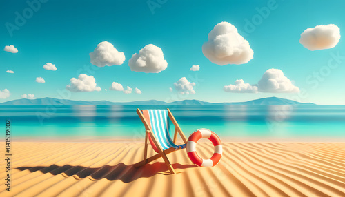 a colorful striped deck chair and a bright lifebuoy on golden sand under a clear blue sky.