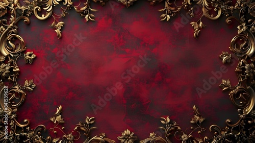 Elegant Victorian Style Gold Filigree Frame on Deep Red Velvet Background