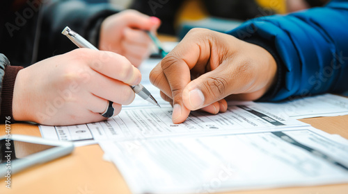 Two individuals filling in documents, in focus close-up, on a wooden table background, concept of teamwork. Generative AI