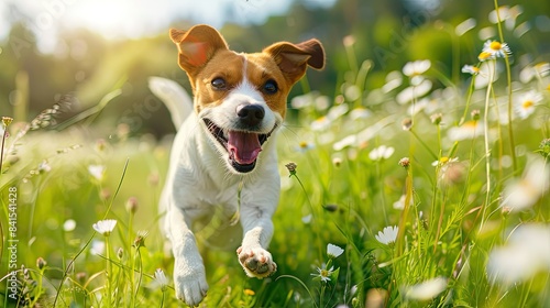 Happy dog bounding across a field of wildflowers, zest for life evident in every joyful stride