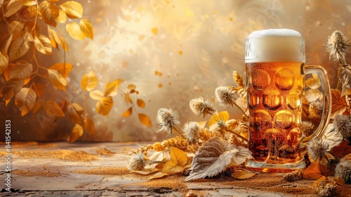 Enchanting Image of a Golden Beer Stein with a Foamy Top Amidst Autumn Leaves and Rustic Decor.