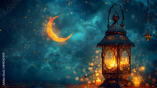 A festive Eid Mubarak card with an ornate lantern and crescent moon, wishing prosperity and blessings