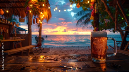Enchanting Image of a Golden Beer Stein on a Beachside Table with Sunset and Festive String Lights.
