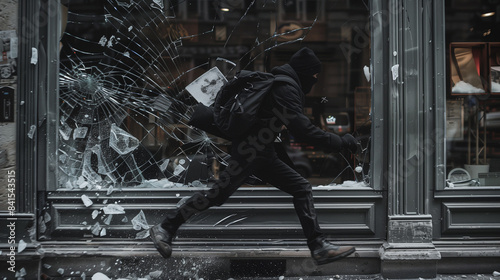 A figure in dark clothes and a mask runs in panic from a broken shop window. It is an image full of drama and tension, suggesting disturbing events and possible danger.