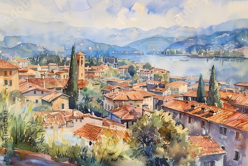 Vibrant Italian Landscape Watercolor Art Generative AI