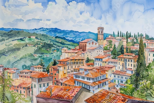 Vibrant Italian Landscape Watercolor Art Generative AI