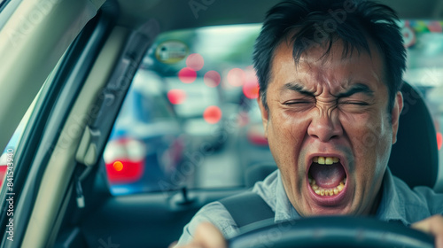 Angry Asian driver stuck in traffic on a busy highway.