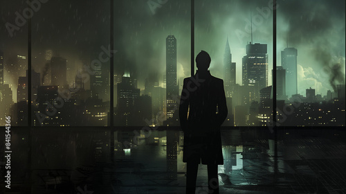 The shadowy silhouette of a mafia boss in a dimly lit room, planning his next move, with a city skyline in the background.