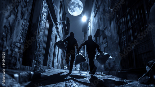 The image shows two people wearing masks running down a moonlit street, holding bags of stolen goods.
