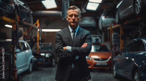 Portrait of businessman standing confidently in a car garage