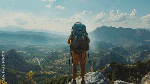 Traveler with a backpack admiring stunning mountain view, solo adventure, wanderlust journey