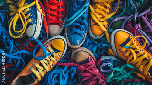 Colorful sneakers with messy shoelaces from above