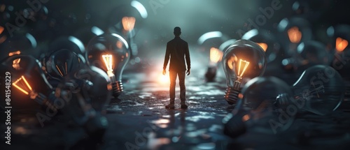 One person many good ideas in the form of shining bulbs. Business concept for bringing good ideas to life or developing them. 3d Illustration for Background wallpaper 
