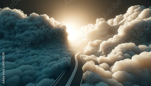 A winding road through a surreal landscape of clouds, with sunlight piercing through, on a light background, concept of a dreamy journey. Generative AI