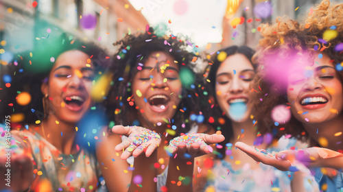 A group of joyful friends celebrating with colorful confetti, captured with a blurred city background, conveying a concept of happiness and party. Generative AI