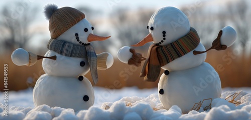 A pair of snowmen, each with a scarf and hat, standing side by side in a snowy field, their carrot noses pointing towards each other, capturing the playful spirit of winter friendships.