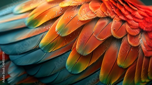 A close-up shot of a bird's wing with vibrant feathers, highlighting intricate details and textures.