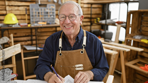 Smiling white-haired senior man, a professional carpenter, confidently taking notes at carpentry table in a workshop, timber flying, surrounded by tools, woodwork projects and furniture elements.