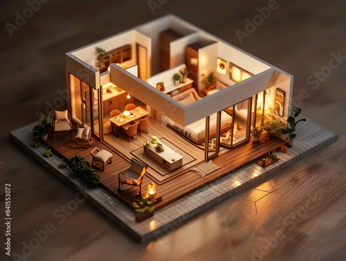 Miniature house model, cozy interior, warm lighting, detailed rooms, topdown view, dark background 3d render illustration