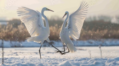 Snowy dance in nature. Courtship of beautiful large white birds in snow. Generative Ai