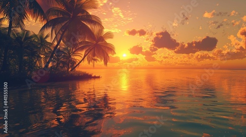 A breathtaking tropical sunset with palm trees and calm waters reflecting the warm, golden sun.