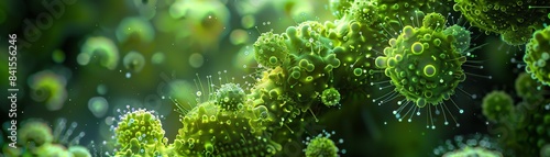 Closeup of vibrant green microscopic organisms, intricate and detailed