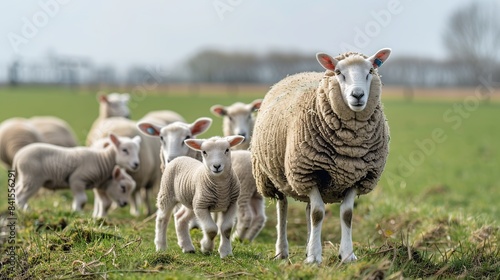 Texel sheep and little lambs. Generative Ai