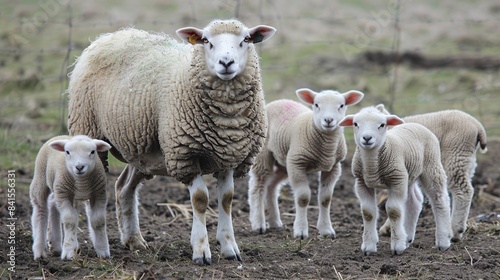 Texel sheep and little lambs. Generative Ai