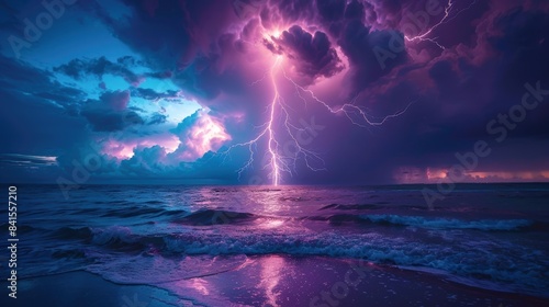 Powerful Lightning Bolt Striking the Ocean During a Storm