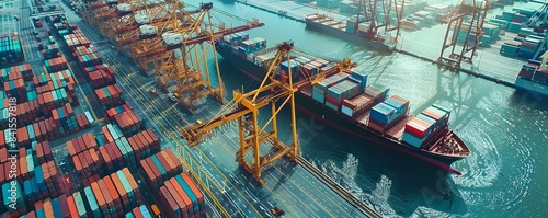 A large ship is docked at a port with many other ships in the background. Concept of busyness and activity, as the ships are being loaded and unloaded. The water surrounding the port is calm