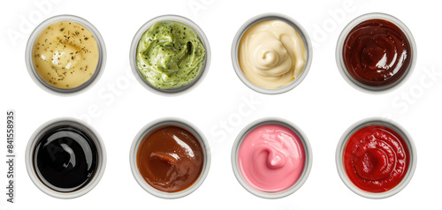 Variety of sauce in a bowl top view png, collection of different dipping sauces, colorful and tasy isolated on transparent background, bundle set hd