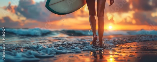 Close up of female surfer legs with surfboard on the beach at sunset, water reflection and beautiful waves in tropical ocean Vintage filter effect