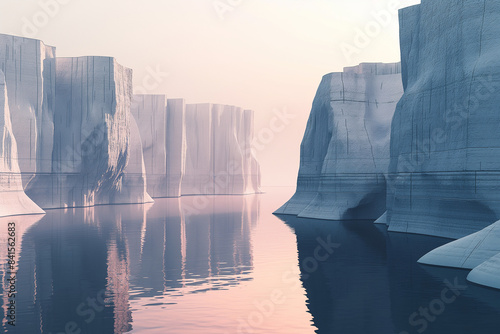 sunrise over the river, Immerse yourself in a serene, futuristic landscape featuring striking cliffs 